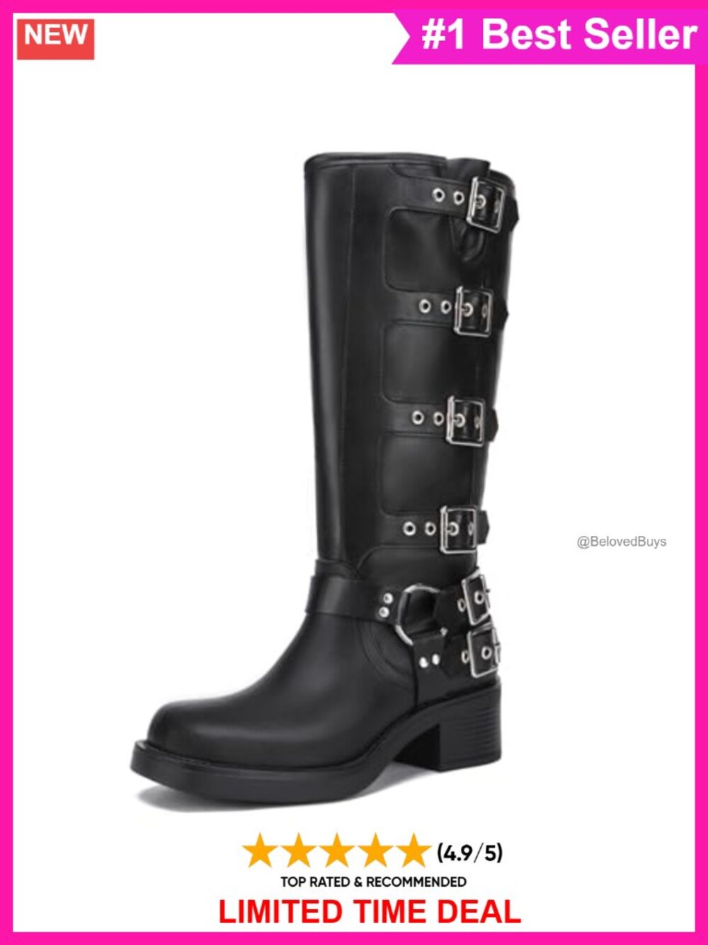 Knee High Riding Boots Faux Leather Chunky Heel Buckle Biker
